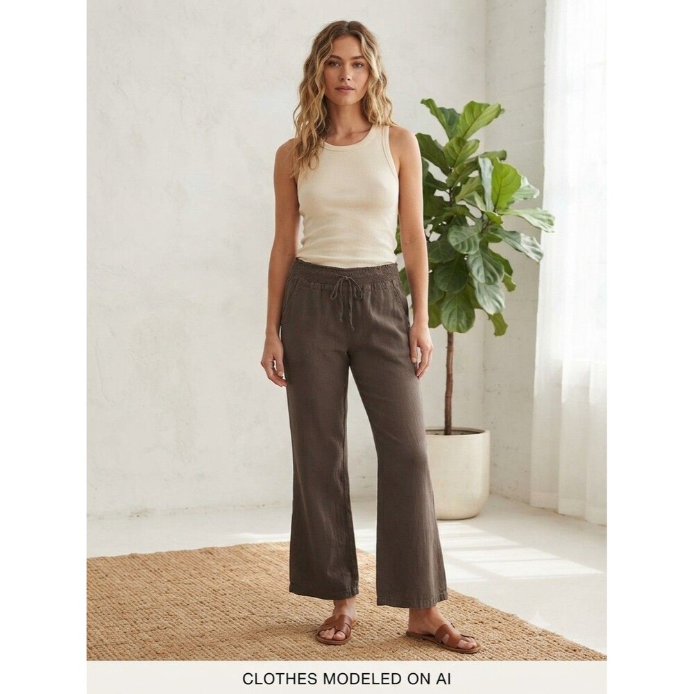Linen Pants Wide-Leg Relaxed Drawstring Elastic Pockets Boho Beachy
